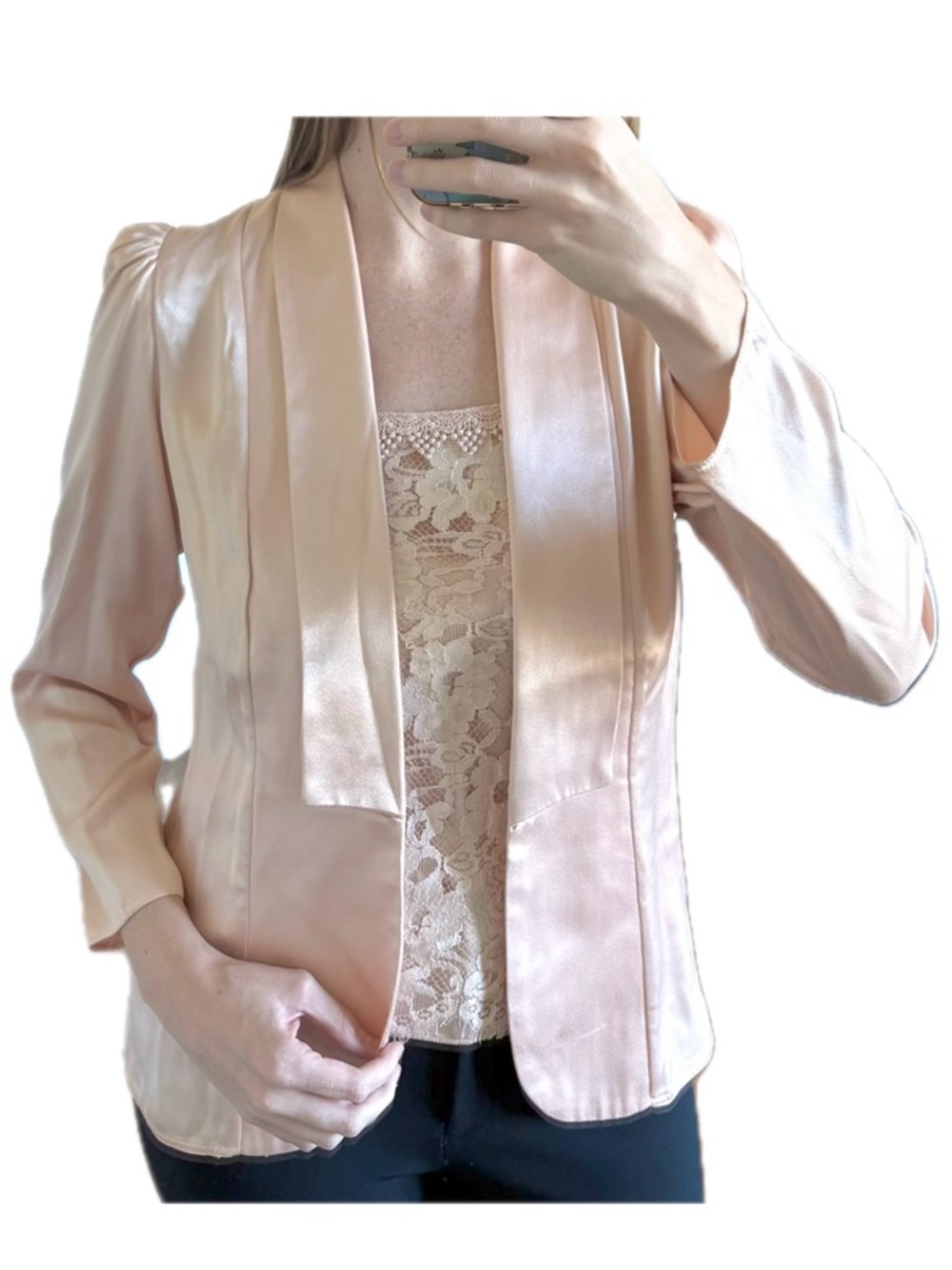 Vintage Patra Pink Satin Blazer and Lace Camisole 2 Piece Coord Set Made in USA